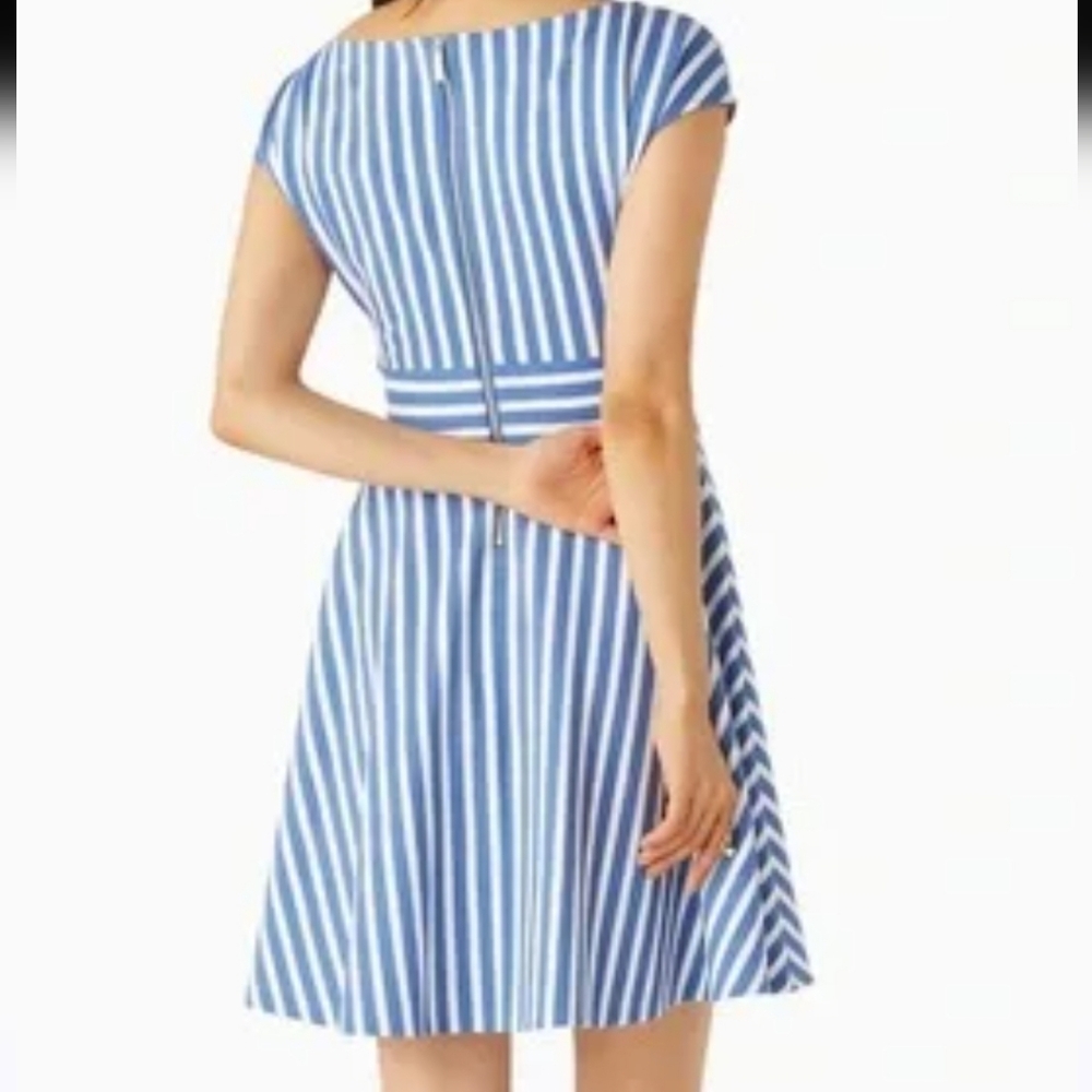 KATE SPADE BLUE / WHITE STRIPED CAP SLEEVE MINI DRESS SIZE SMALL - Picture 4 of 13